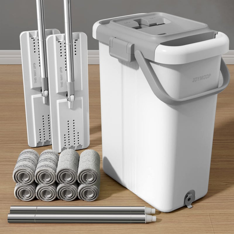 JOYMOOP مجموعة دلو وممسحة JOYMOOP مع نظام عصر للمسح والتنظيف على الأرض والجدران مع 2 ممسحة و8 وسادات ميكروفايبر كبيرة بيضاء