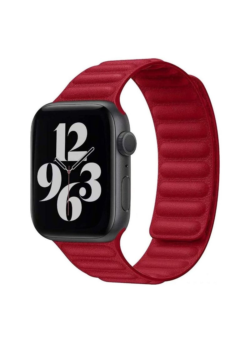 Leather Strap for Apple Watch 42mm/44mm, Adjustable Genuine Leather Loop Wristband with Strong Magnetic Closure for Apple Watch Series 1,2,3,4,5,6,SE,(Red) - Image 1