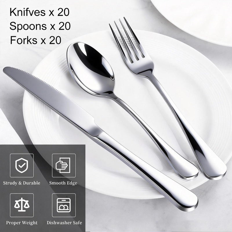 TININA 60-Piece Silverware Set for 20 - Stainless Steel Flatware Cutlery Set, Mirror Polished Flatware Set Include Forks Spoons Knives for Home Wedding Restaurant, Dishwasher Safe, Silver, 60 PCS - Image 2