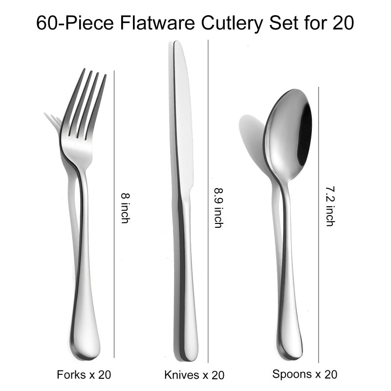 TININA 60-Piece Silverware Set for 20 - Stainless Steel Flatware Cutlery Set, Mirror Polished Flatware Set Include Forks Spoons Knives for Home Wedding Restaurant, Dishwasher Safe, Silver, 60 PCS - Image 3