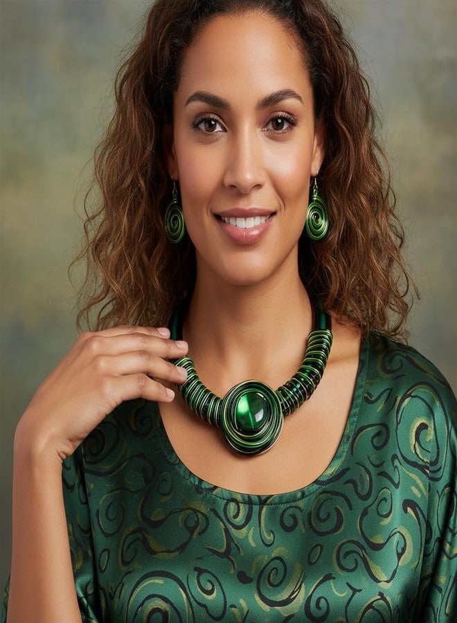 Fstrend African Choker Earrings Set Chunky Green Necklaces Bib Collar Ethnic Juneteenth Costume Jewelry Set for Women (Green) - Image 4