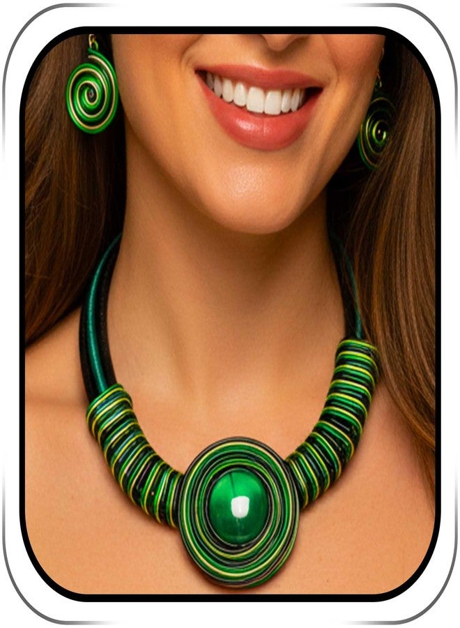 Fstrend African Choker Earrings Set Chunky Green Necklaces Bib Collar Ethnic Juneteenth Costume Jewelry Set for Women (Green) - Image 1