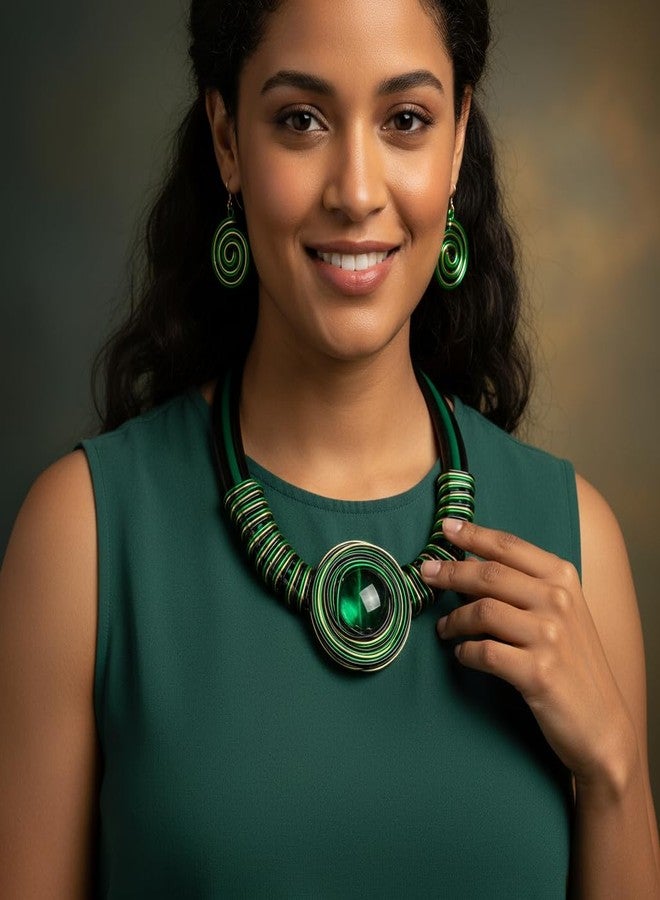 Fstrend African Choker Earrings Set Chunky Green Necklaces Bib Collar Ethnic Juneteenth Costume Jewelry Set for Women (Green) - Image 2
