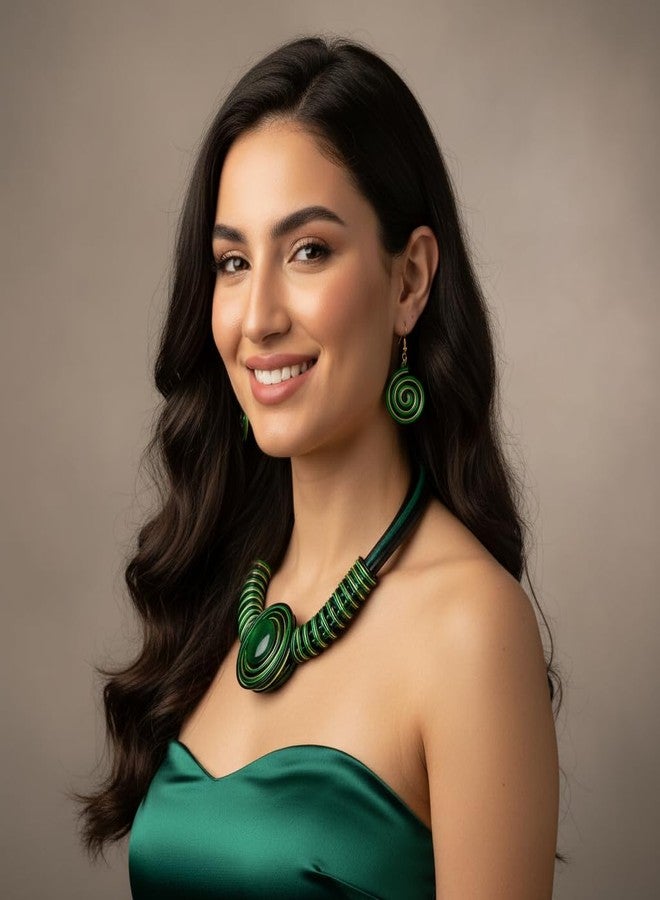 Fstrend African Choker Earrings Set Chunky Green Necklaces Bib Collar Ethnic Juneteenth Costume Jewelry Set for Women (Green) - Image 5