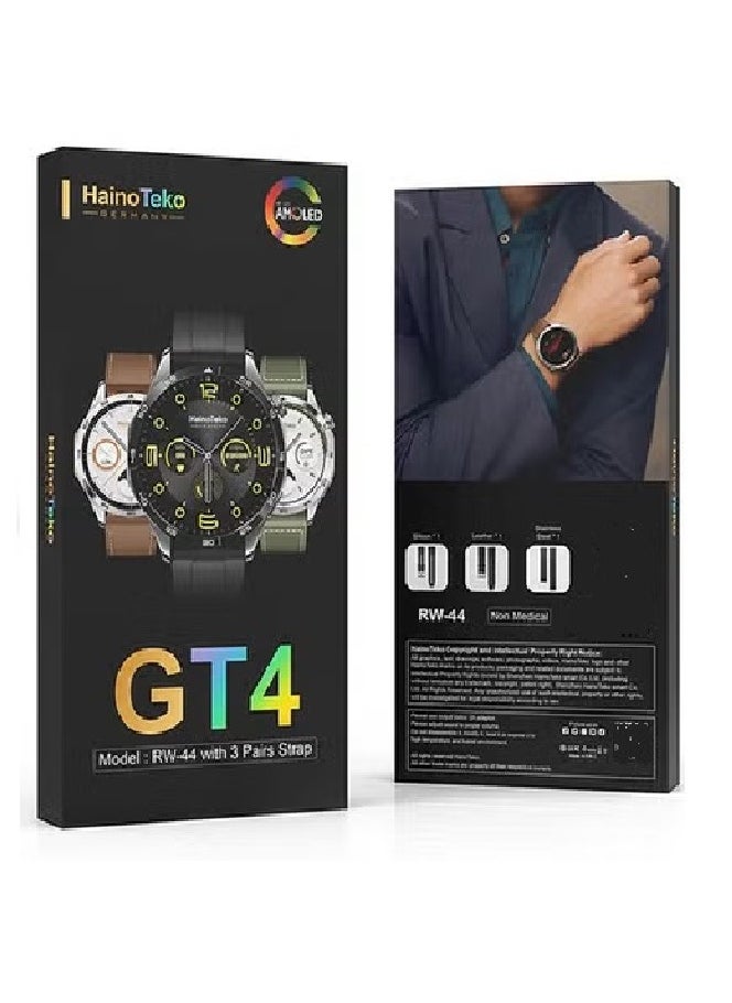 هينو تيكو - ساعة ذكية GT4 من هينو تيكو شاشة Amoled بطارية قوية تدوم الى 5 ايام شحن سريع تدعم مكالمات وشحن لاسلكى مع 3 أحزمة مختلفة - Image 1