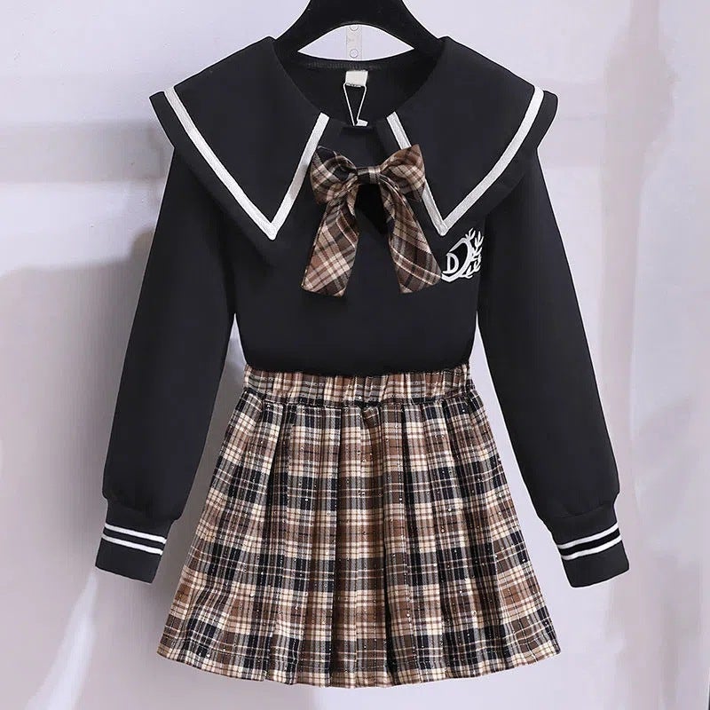 Girls Sweater Set Childrens Spring and Autumn Western-style Pleated Skirt Two-piece Set College Autumn Girls New Internet Celebrant Clothes Black  - Image 1