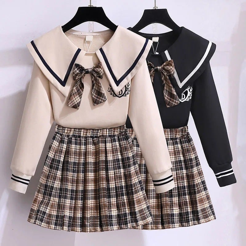 Girls Sweater Set Childrens Spring and Autumn Western-style Pleated Skirt Two-piece Set College Autumn Girls New Internet Celebrant Clothes Black  - Image 4
