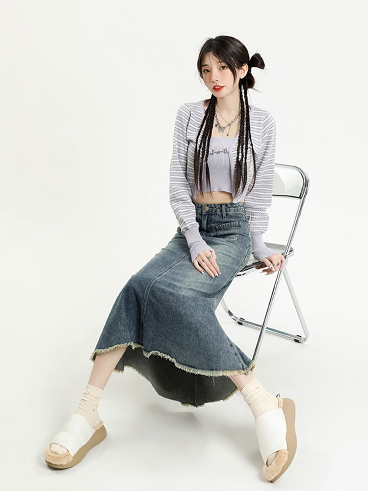 Fishtail Skirt Women'S Small Design High Waist Slimming American Style Retro A- Line Fur-Edge Denim Skirt - Image 5