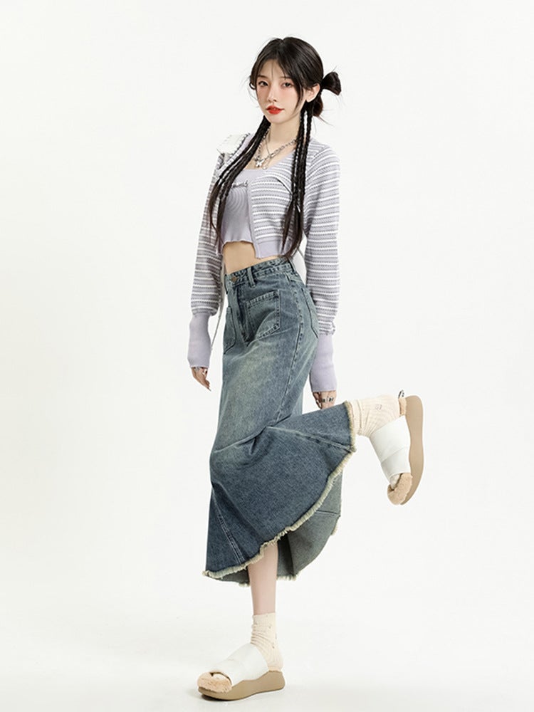 Fishtail Skirt Women'S Small Design High Waist Slimming American Style Retro A- Line Fur-Edge Denim Skirt - Image 4