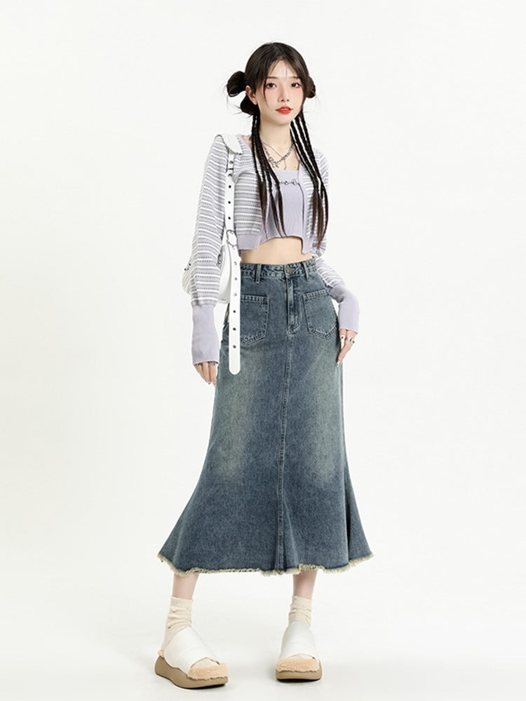 Fishtail Skirt Women'S Small Design High Waist Slimming American Style Retro A- Line Fur-Edge Denim Skirt - Image 3
