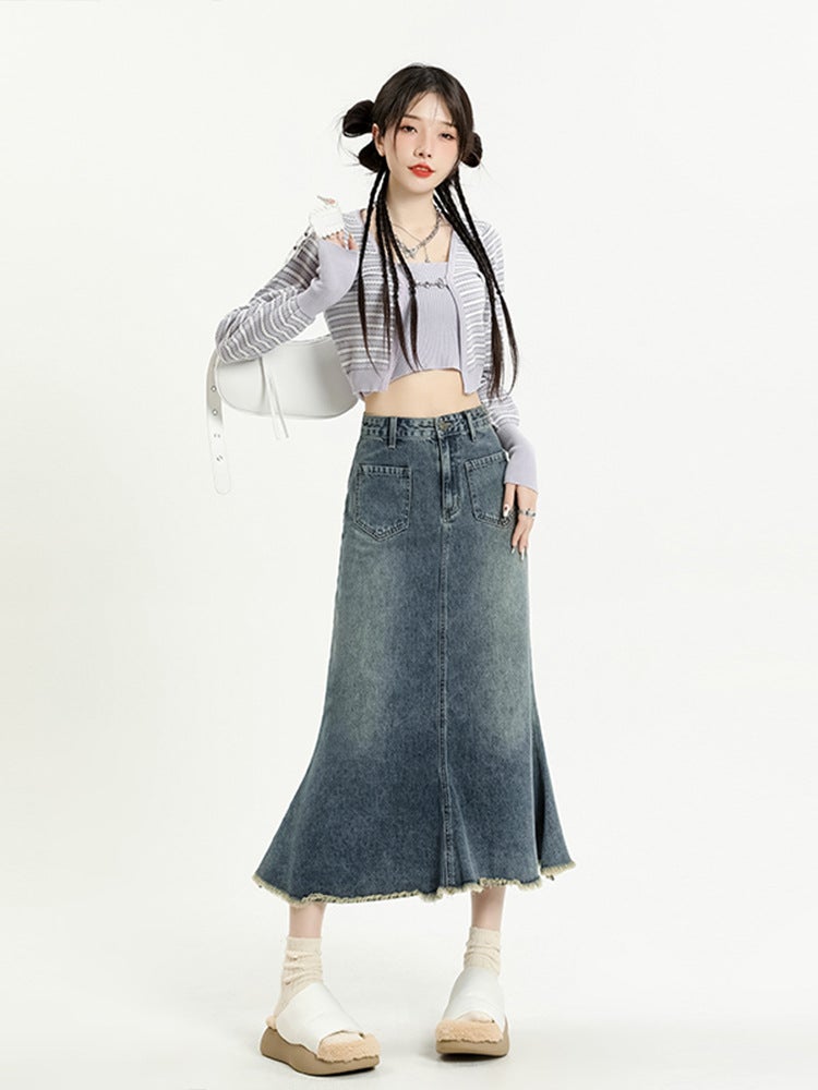 Fishtail Skirt Women'S Small Design High Waist Slimming American Style Retro A- Line Fur-Edge Denim Skirt - Image 1