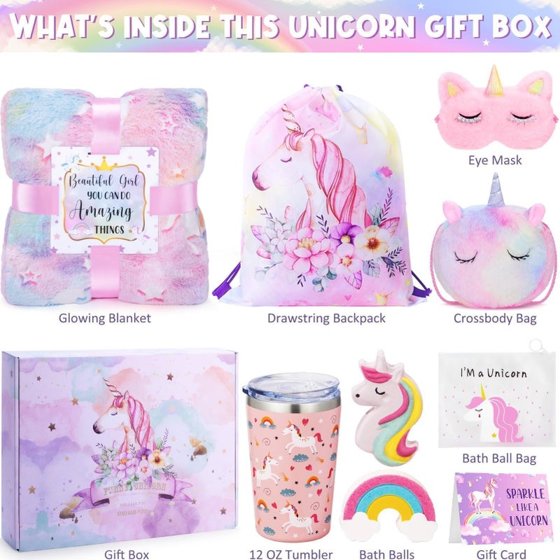 Tiblue Tiblue Unicorn Toys for Girls Age 4-6, Girls Halloween Thanksgiving Gifts Box Unicorn Birthday Gifts for 4 5 6 7 8 9 10 11 12 Year Old Toddler Teen Girls with Glow in The Dark Blanket Cup Bag Purse  - Image 2