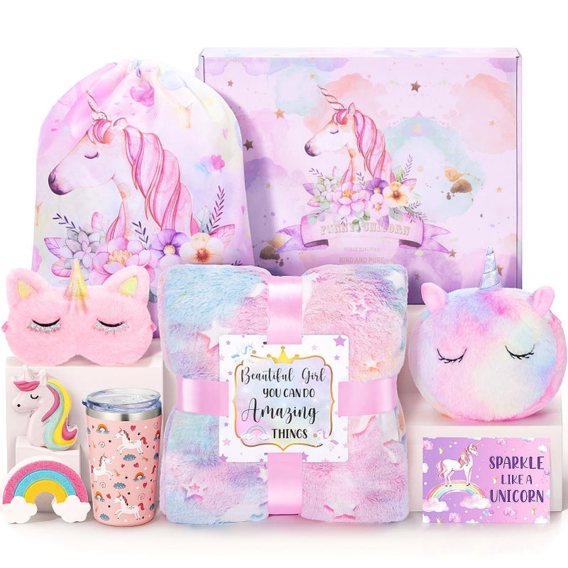 Tiblue Tiblue Unicorn Toys for Girls Age 4-6, Girls Halloween Thanksgiving Gifts Box Unicorn Birthday Gifts for 4 5 6 7 8 9 10 11 12 Year Old Toddler Teen Girls with Glow in The Dark Blanket Cup Bag Purse  - Image 1