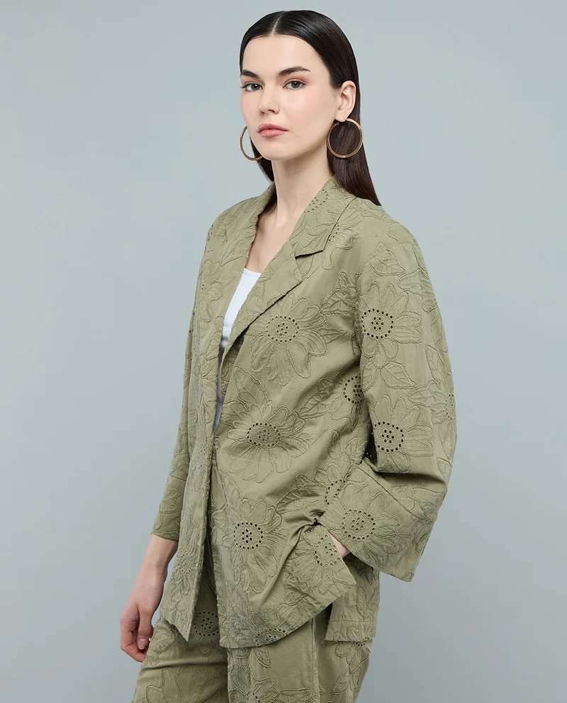 R&B Embroidered Woven Jacket with Lapel Collar and Long Sleeves