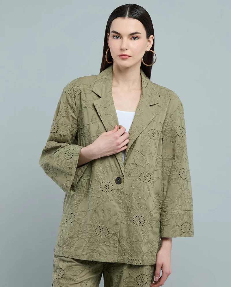 R&B Embroidered Woven Jacket with Lapel Collar and Long Sleeves