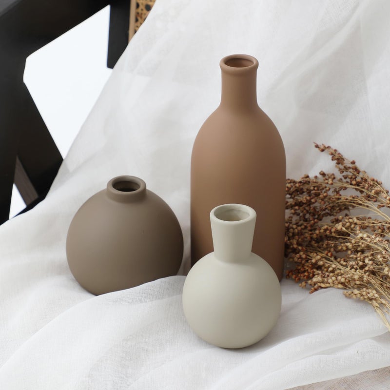ooit Ceramic Vase Set of 3, Vases Home Decor Rustic Farmhouse Decorative Vase Pottery Vases for Bouquet Pampas Grass Dried Fresh Flowers, Table Living Room Kitchen Bedroom Bathroom - Brown - Image 5