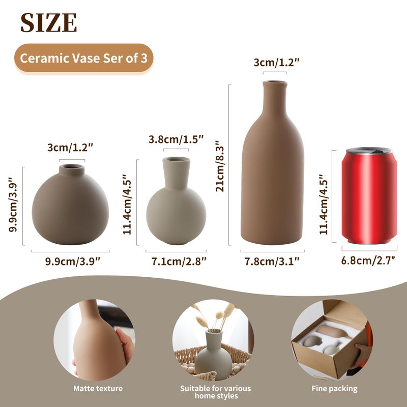 ooit Ceramic Vase Set of 3, Vases Home Decor Rustic Farmhouse Decorative Vase Pottery Vases for Bouquet Pampas Grass Dried Fresh Flowers, Table Living Room Kitchen Bedroom Bathroom - Brown - Image 2