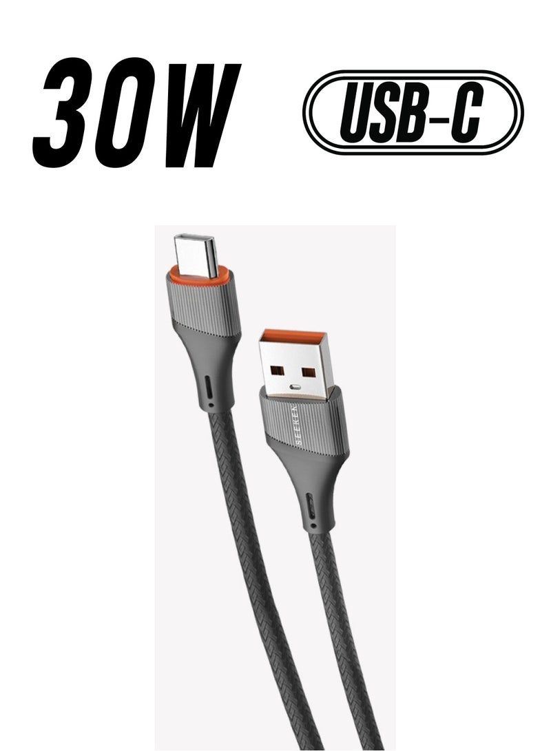SEEKEN 30W USB to Type-C Charger Cable 1M - Grey | Fast Charging | Campatible with Iphone, Samsung | Braided Cable | Premium Design | High-Quality. - Image 1