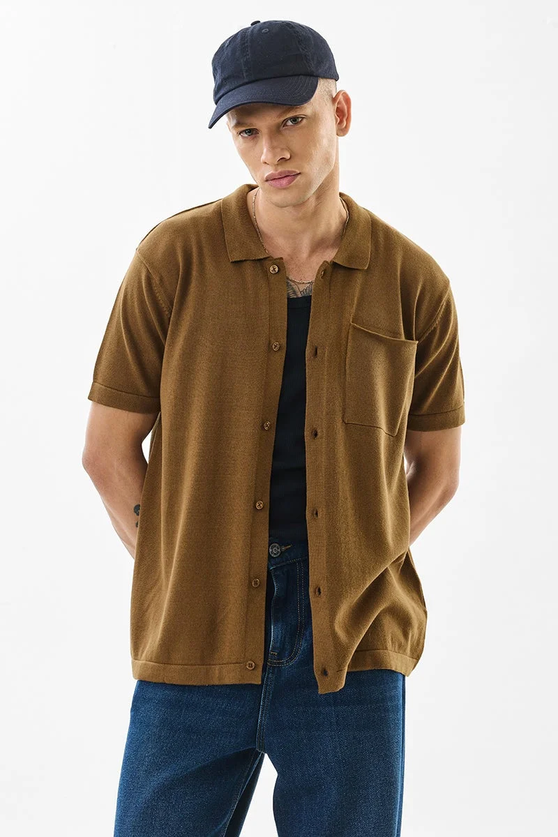 SNITCH Regular Fit Cotton Flat Knit Brown Shirt