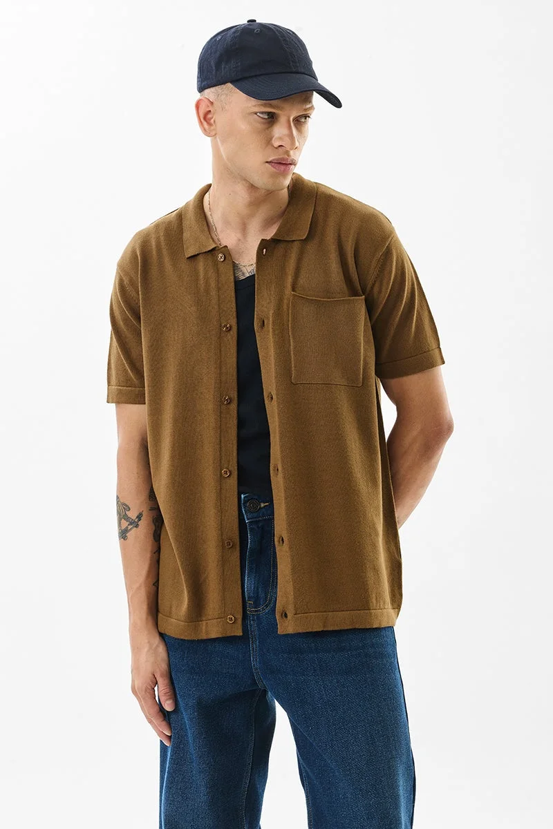 سنيتش قميص قطني مضلع بقصة عادية بني