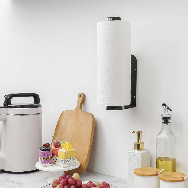 theaoo Under Cabinet Paper Towel Holder for Kitchen, Easy One-Handed Tear, Quick Release Knob for Easy Roll Loading, Wall-Mounted Dispenser, Self-Adhesive or Drill Mounting, Black Stainless Steel - Image 4