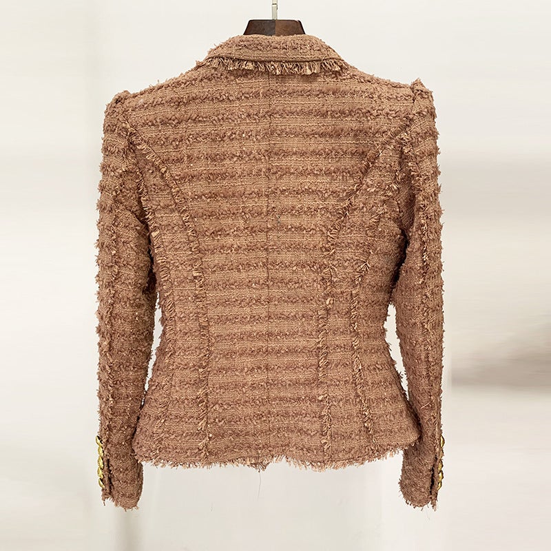 2026 Celebrity Fashion Fringed Tweed Slim-Fit Blazer Pink-Brown - Image 3