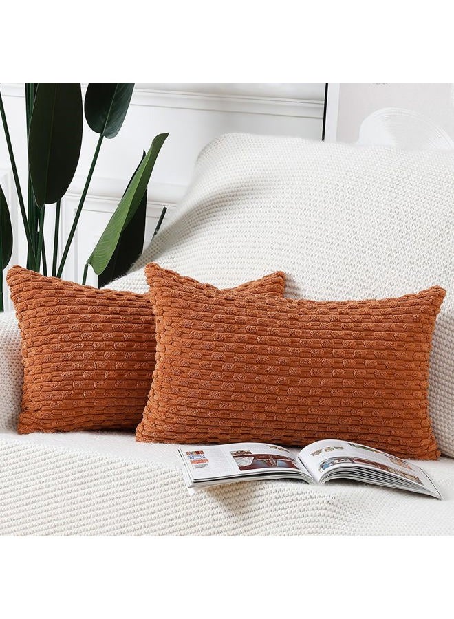 MADIZZ Pack of 2 Boho Striped Corduroy Throw Pillow Covers 12x20 Inch Rust Soft Decorative Cushion Cover for Bedroom Sofa Pillow Shell - Image 1