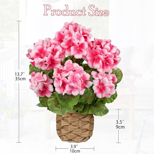 Briful Artificial Geraniums Flowers Potted Plant - 13.7'' Tall Faux Pink Silk Realistic Lush Geraniums Flowers in Basket, Indoor&Outdoor Decorative Plant, Farmhouse Home Porch Office Patio Table - Image 3