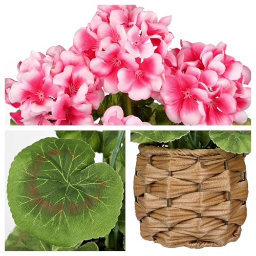 Briful Artificial Geraniums Flowers Potted Plant - 13.7'' Tall Faux Pink Silk Realistic Lush Geraniums Flowers in Basket, Indoor&Outdoor Decorative Plant, Farmhouse Home Porch Office Patio Table - Image 5