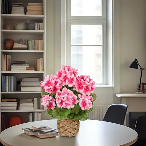 Briful Artificial Geraniums Flowers Potted Plant - 13.7'' Tall Faux Pink Silk Realistic Lush Geraniums Flowers in Basket, Indoor&Outdoor Decorative Plant, Farmhouse Home Porch Office Patio Table - Image 4