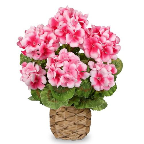 Briful Artificial Geraniums Flowers Potted Plant - 13.7'' Tall Faux Pink Silk Realistic Lush Geraniums Flowers in Basket, Indoor&Outdoor Decorative Plant, Farmhouse Home Porch Office Patio Table - Image 1