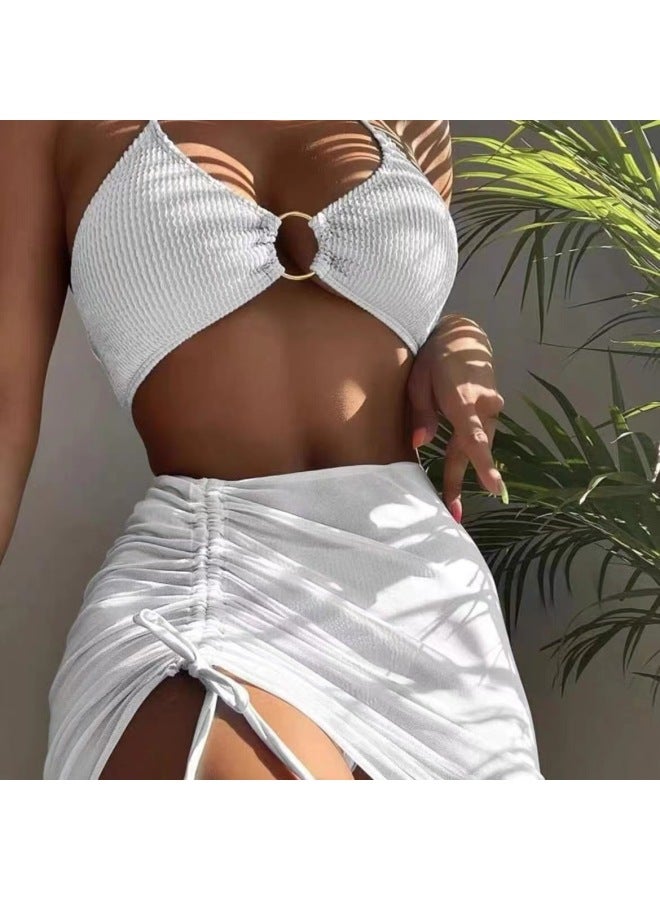 Generic Rixsg European And American Bikini Swimsuit Bikini Three-Piece Solid Color Wave Cloth Mesh Swimsui-Color:White-Size:M  - Image 1
