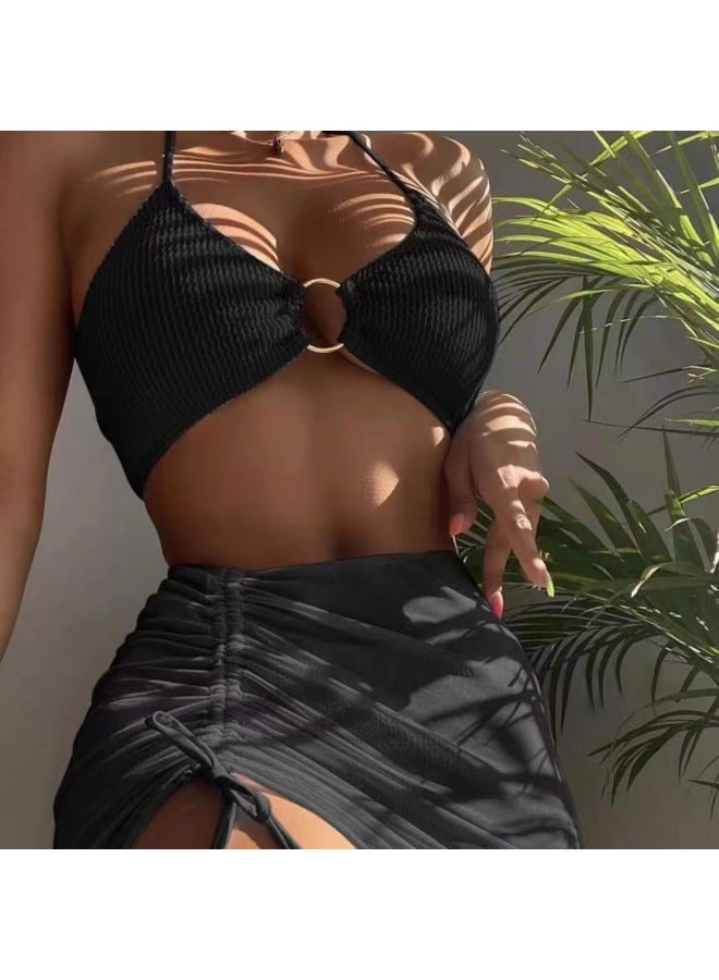 Generic Rixsg European And American Bikini Swimsuit Bikini Three-Piece Solid Color Wave Cloth Mesh Swimsui-Color:White-Size:M  - Image 4