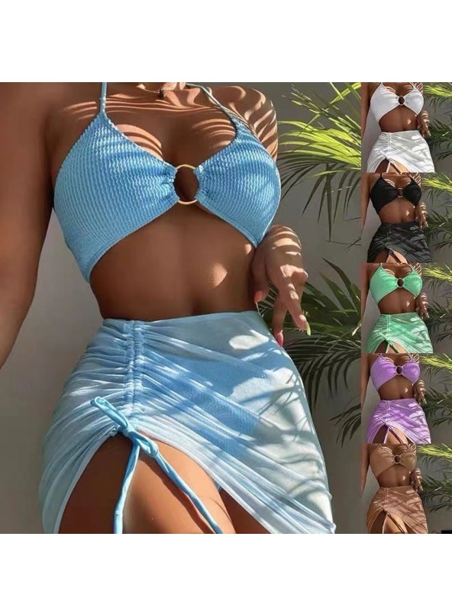 Generic Rixsg European And American Bikini Swimsuit Bikini Three-Piece Solid Color Wave Cloth Mesh Swimsui-Color:White-Size:M  - Image 2
