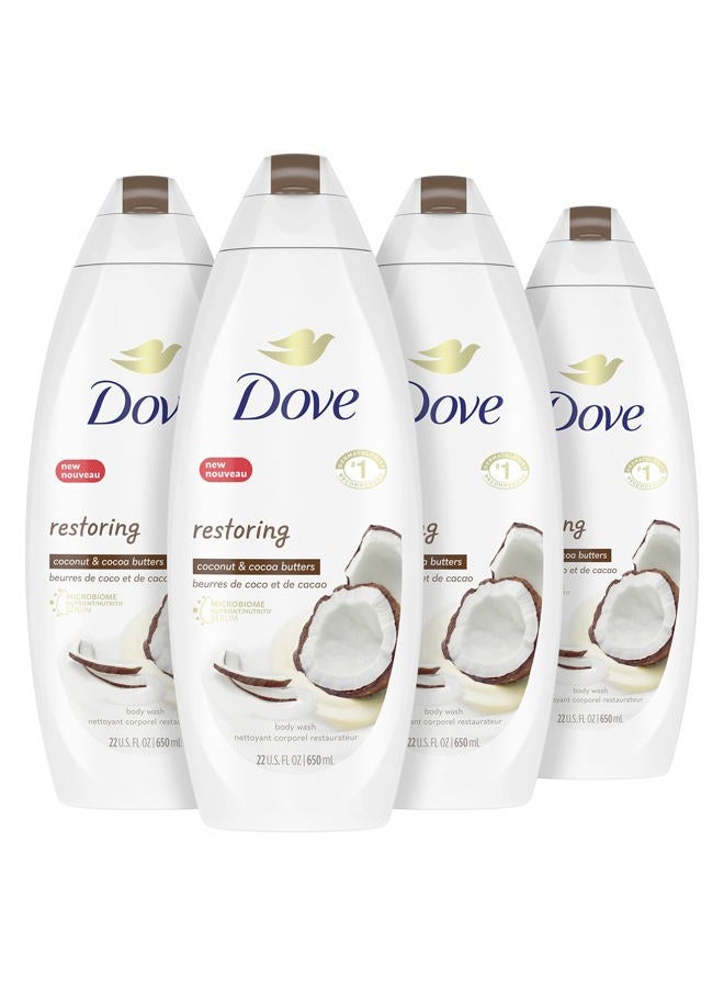 Dove Purely Pampering Body Wash for Dry Skin Coconut Butter and Cocoa Butter Effectively Washes Away Bacteria While Nourishing Your Skin, 22 Fl Oz (Pack of 4)