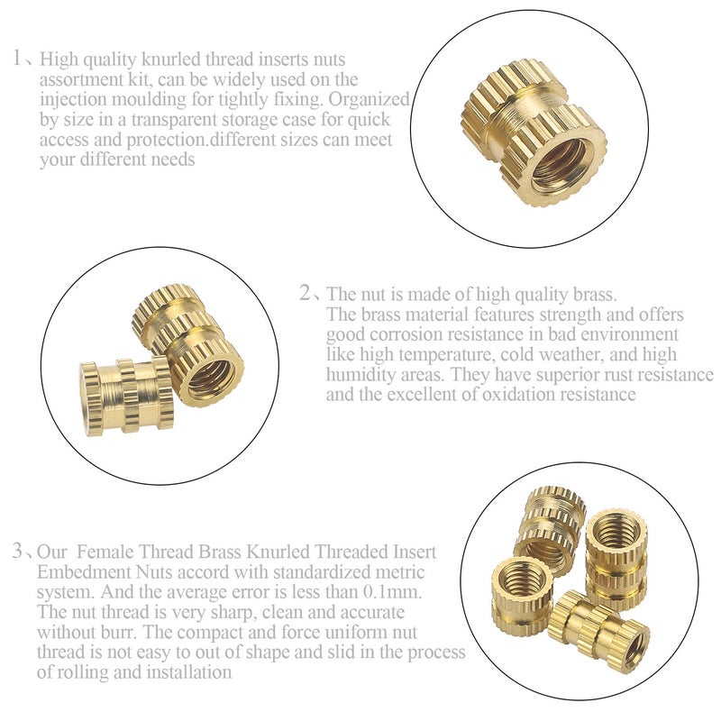 DYWISHKEY 400 Pieces M2 M3 M4 M5 Female Thread Knurled Nuts Brass Threaded Insert Embedment Nuts Assortment Kit - Image 5