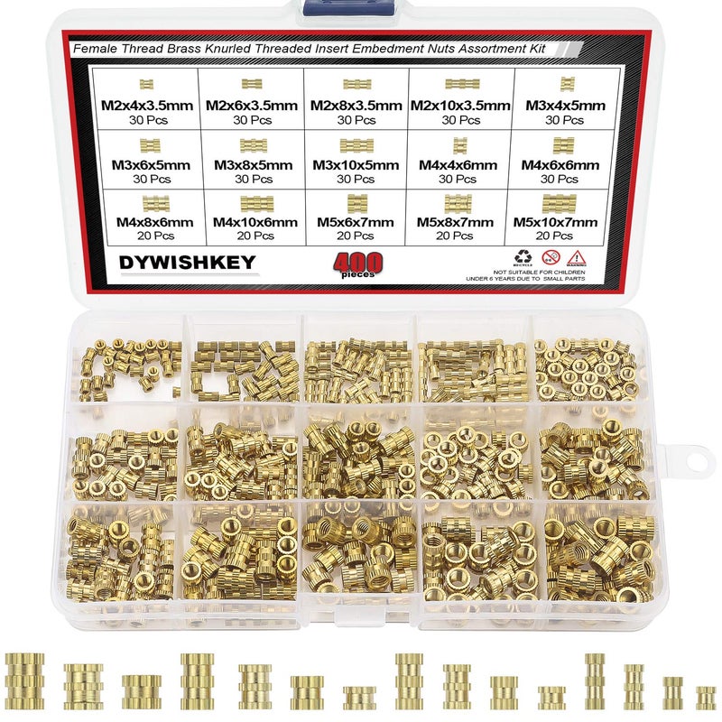 DYWISHKEY 400 Pieces M2 M3 M4 M5 Female Thread Knurled Nuts Brass Threaded Insert Embedment Nuts Assortment Kit - Image 1