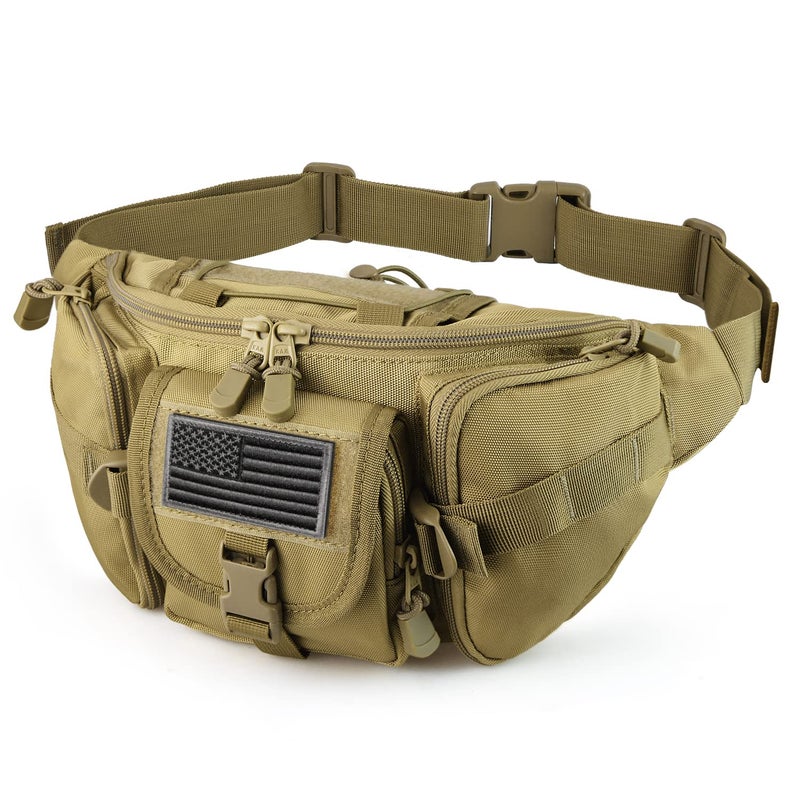 SOWHUP Tactical Fanny PackMilitary Waist Bag Pack with US Patch Utility Hip Belt Bumbag for Outdoor Fishing Hiking Tan5 Zipper Pockets - Image 2