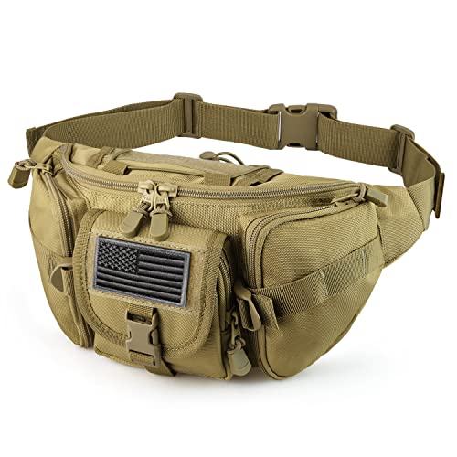 SOWHUP Tactical Fanny PackMilitary Waist Bag Pack with US Patch Utility Hip Belt Bumbag for Outdoor Fishing Hiking Tan5 Zipper Pockets - Image 1