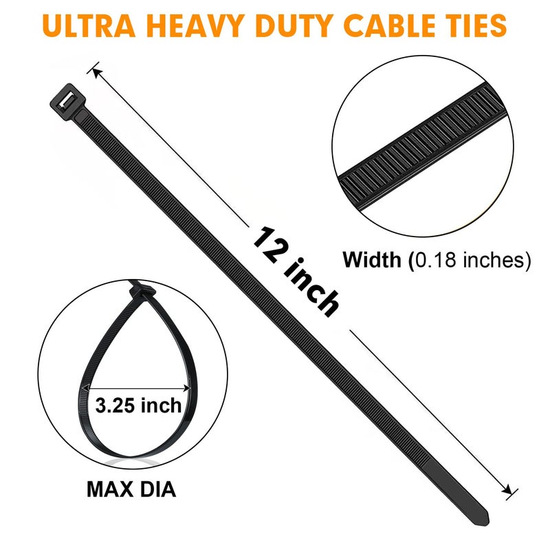RAZCC 1200pcs Black Cable Zip Ties 12 Inch, Heavy Duty Plastic Nylon Tie Wraps with 50lb Tensile Strength for Indoor & Outdoor - Image 2