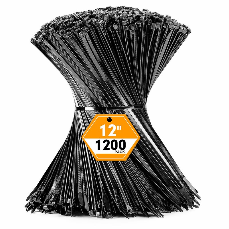 RAZCC 1200pcs Black Cable Zip Ties 12 Inch, Heavy Duty Plastic Nylon Tie Wraps with 50lb Tensile Strength for Indoor & Outdoor - Image 1
