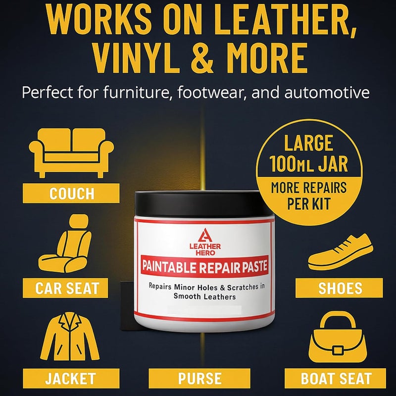Leather Hero حشوة الجلد لملء أو إصلاح الثقوب والتمزقات والشقوق والخدوش، لمقاعد سيارات الجلد والأثاث والأحذية - مرنة مع أداة التطبيق (100 مل) - Image 5