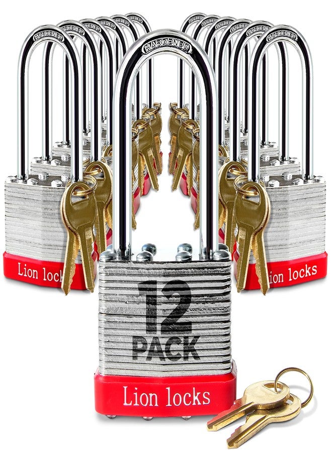 Lion Locks أقفال ليون، 12 قفلًا متطابقًا بمفاتيح متطابقة، مع قيد بطول بوصتين، و24 مفتاحًا - أقفال للاستخدام الخارجي، أقفال بمفاتيح، غلاف من الفولاذ المقوى، أسطوانة دبوس نحاسية مقاومة للفتح، مزلاج، خزانة، بوابة - Image 1