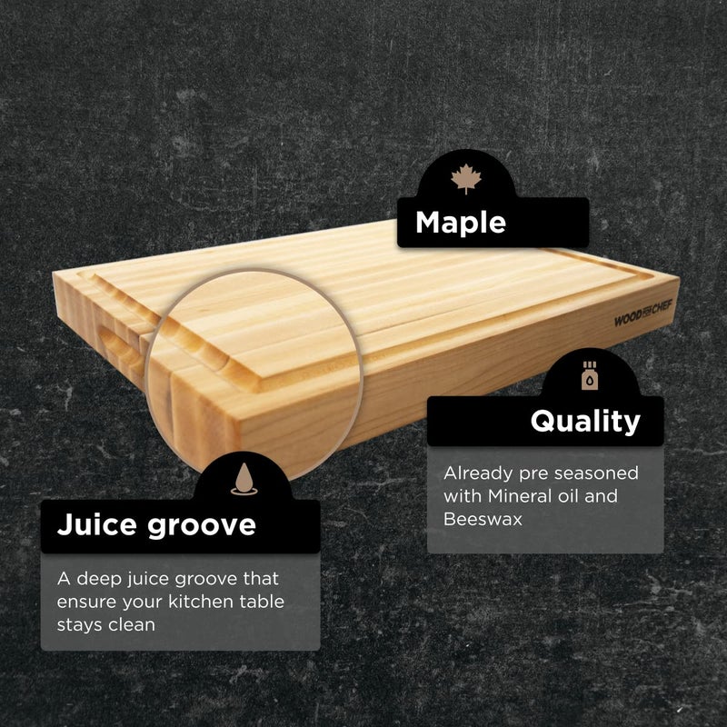 WoodForChef Medium Wood Cutting Board from Canadian Maple - A Reversible Butcher Block That Comes with Juice Groove for Cutting Meat and Juicy Veggies Easily - Maple Chopping Board - 16x12x1.5" - Image 3