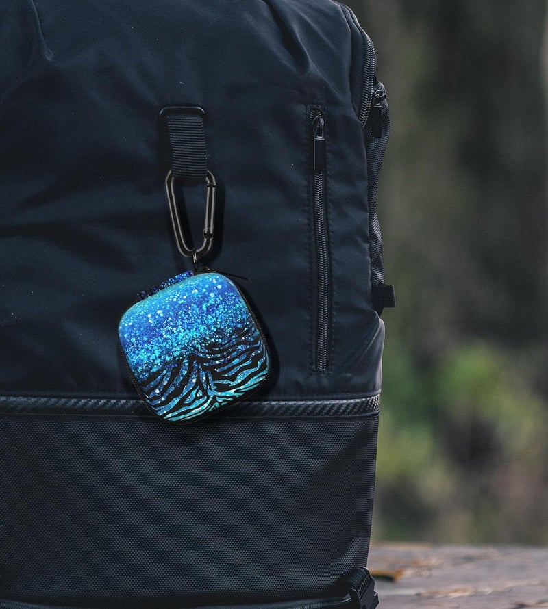 WIRESTER Portable Wireless Headphone Case, Earphone Storage Bag Carrying Case, Earbud Holder with Black Carabiner Compatible with Apple Airpods - Blue Glitter Sparkle with Black Blue Glitter Zebra - Image 4