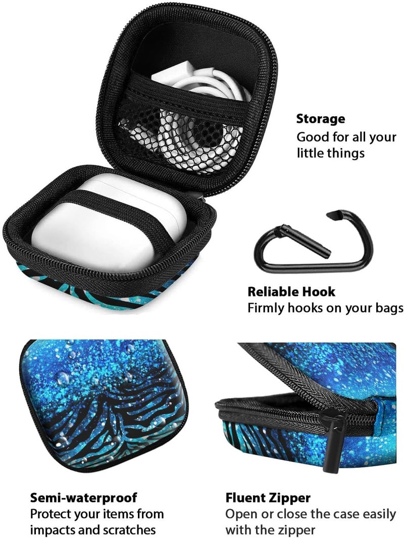 WIRESTER Portable Wireless Headphone Case, Earphone Storage Bag Carrying Case, Earbud Holder with Black Carabiner Compatible with Apple Airpods - Blue Glitter Sparkle with Black Blue Glitter Zebra - Image 3