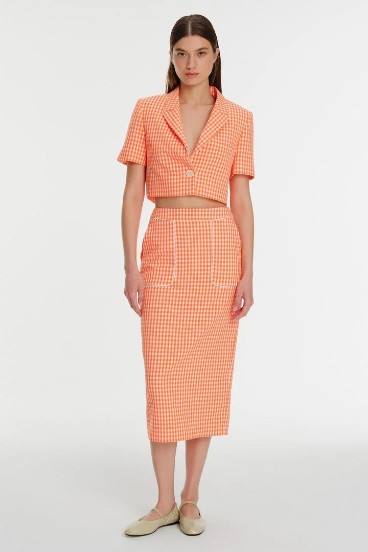 EXQUISE Plaid Pattern One-Button Short-Sleeve Crop Jacket