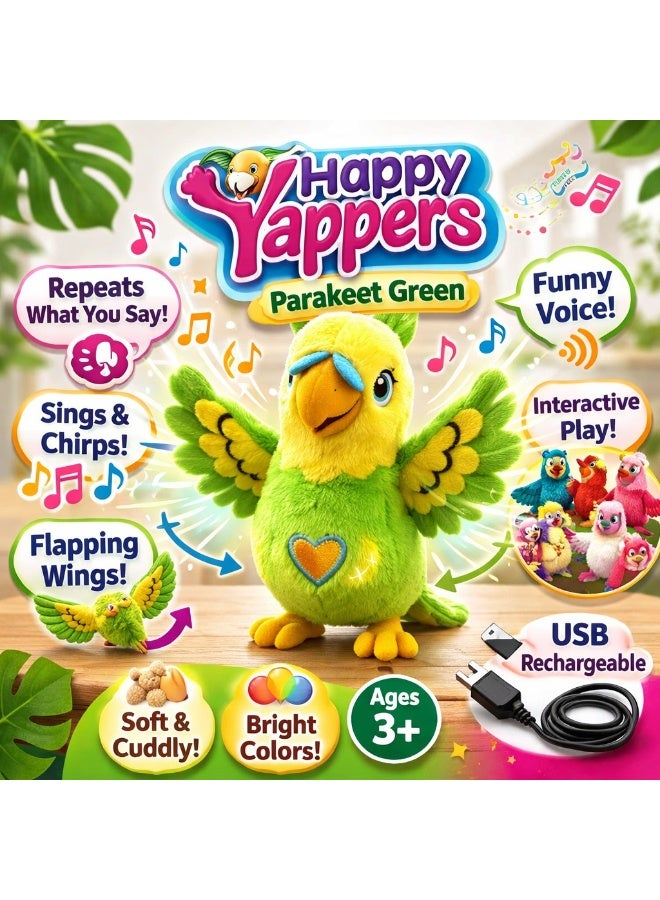 Happy Yappers طائر الببغاء الأخضر السعيد - دمية تفاعلية تتحدث وتغني | طائر مقلد صوتي قابل لإعادة الشحن مع وضع دويتو للأطفال من 18 شهرًا وما فوق (9405) - Image 2
