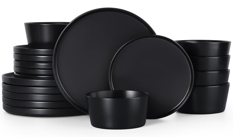 Herogo 18 Pieces Stoneware Dinnerware Sets for 6 Dinner Plates and Bowls Set Reactive Glaze Dishes for Kitchen Chip Resistant Microwave  Dishwasher Safe Matte Black