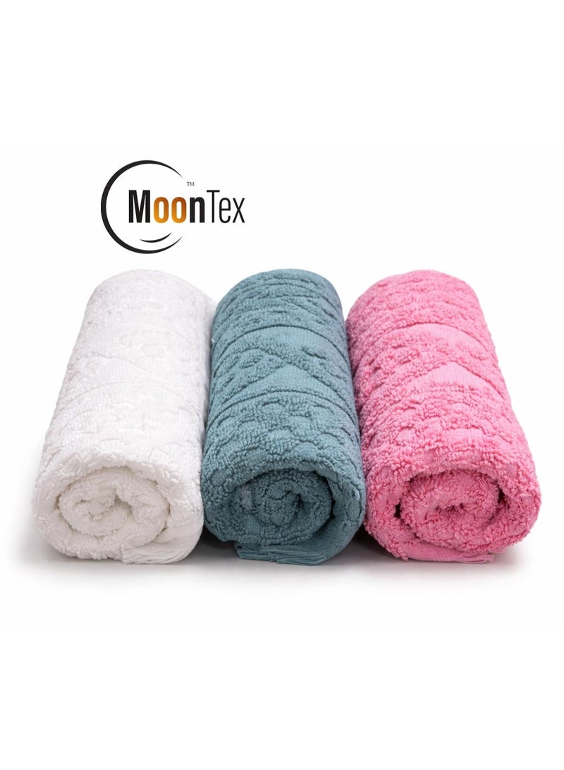 باكيت 3 فوط قطن طبيعي 100% ملونة مقاس 30×50 سم بشراشيب – ناعمة عالية الامتصاص – Moontex - Image 1